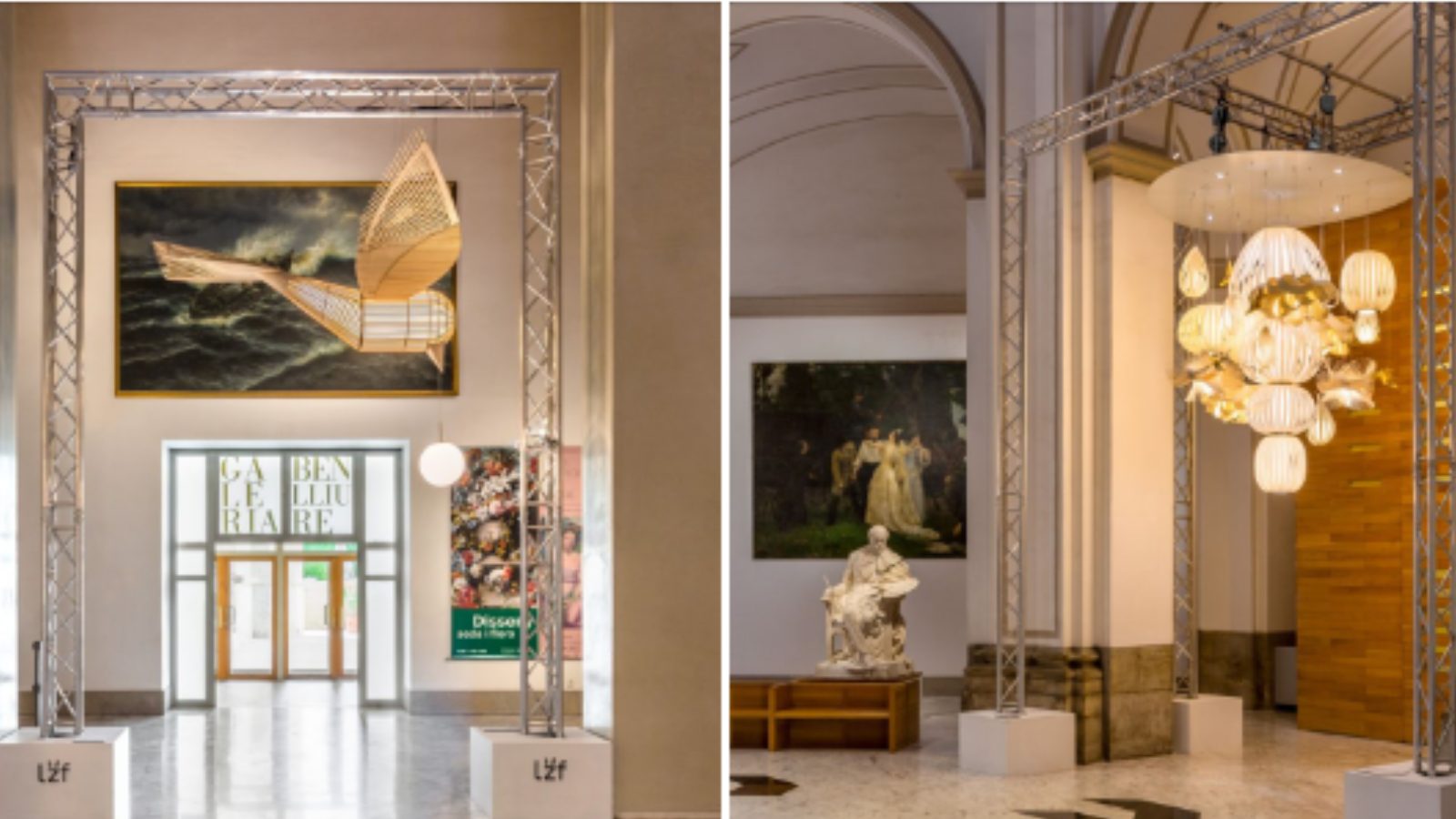 Fotografía de dos de las piezas realizadas por LZF Lamps con madera, en el Museo de Bellas Artes de València.